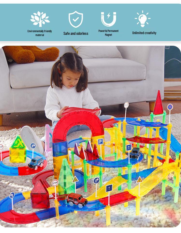 Cross-Border Magnetic Tiles: Colorful Large Window Building Blocks with Pipe Rolling Ball for Kids