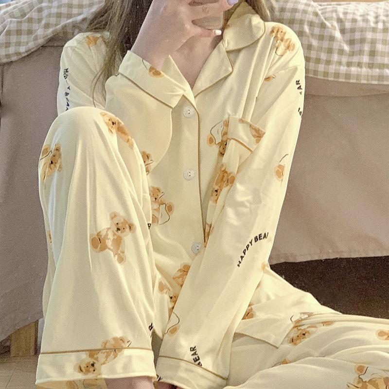 French Cream Bear Printing New Loungewear Spring And Autumn Long-Sleeved Trousers Pajamas Women Can Wear