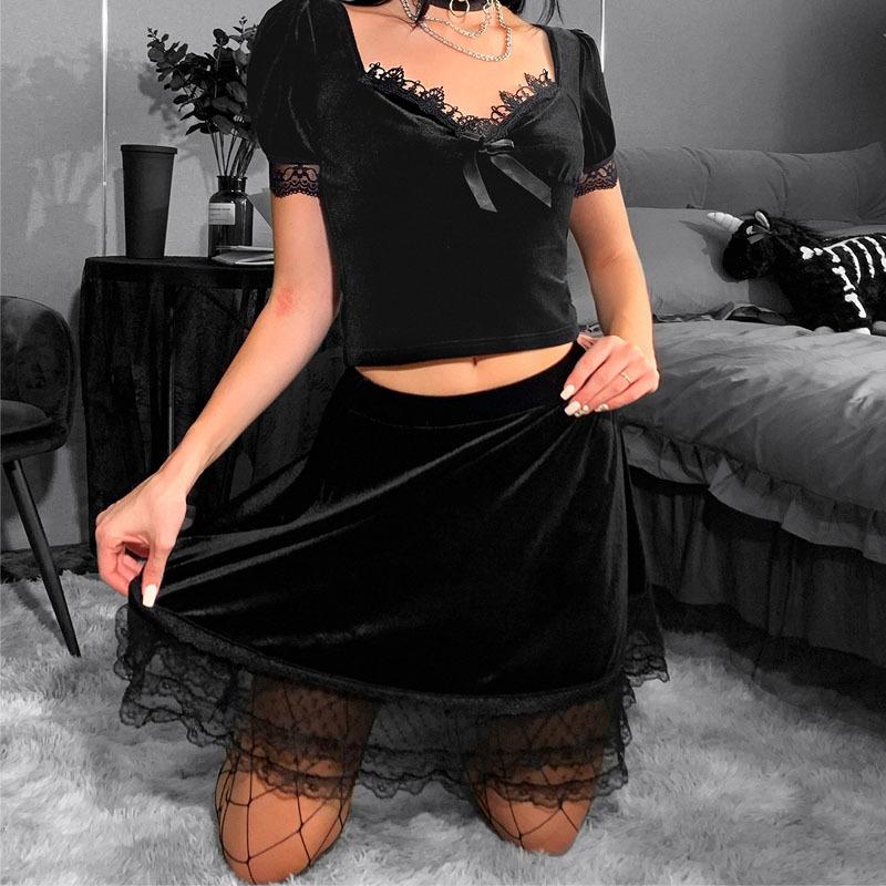 Gothic Vintage Black Lace Velvet Skirt High Waist A Line Sexy Mini Skirts