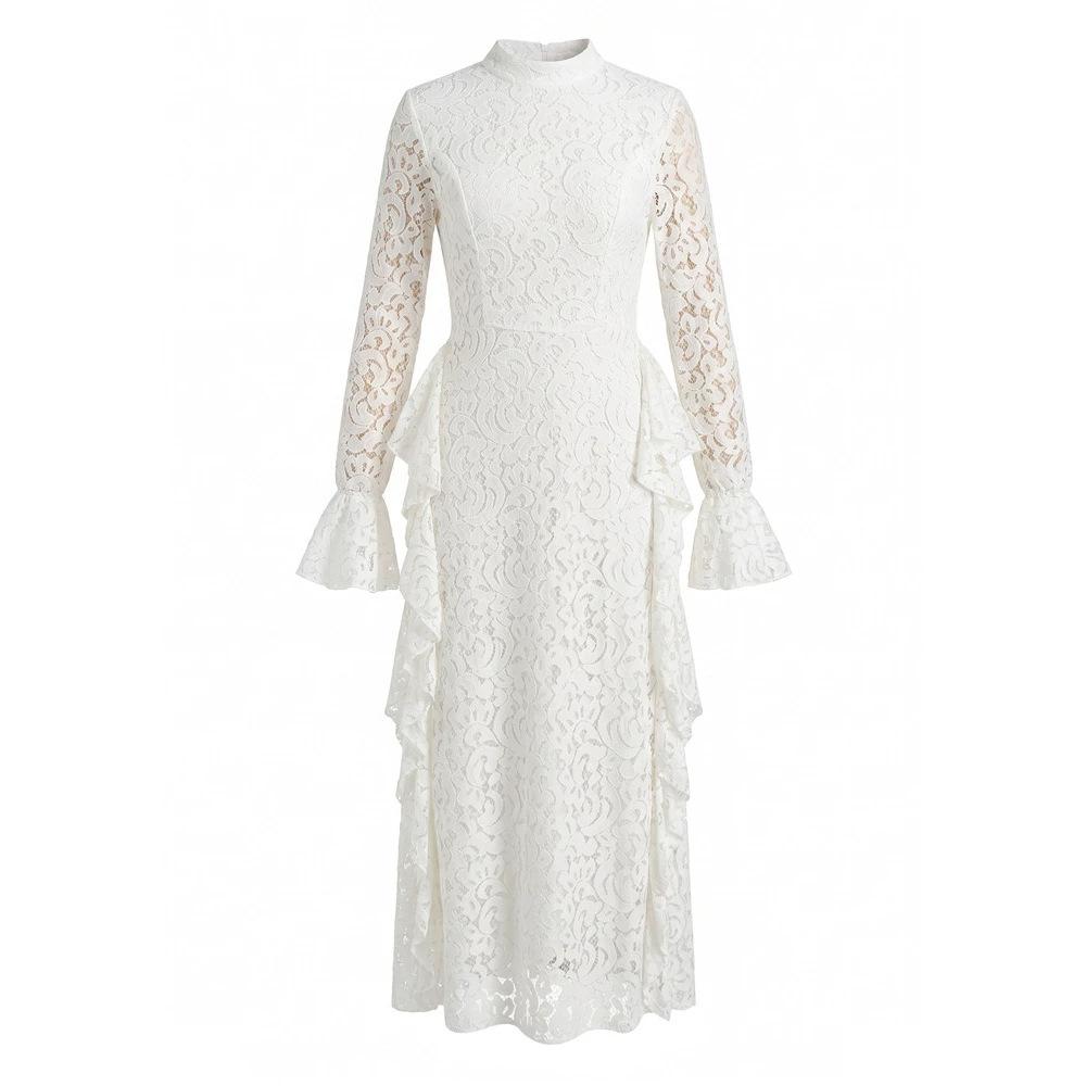 Otoño nuevo vestido largo de encaje elegante para mujer francesa mangas de cuerno mangas largas de encaje cintura