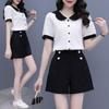 Women's Summer Color Block Doll Collar Two-Piece Set: Short Sleeve Top & Shorts