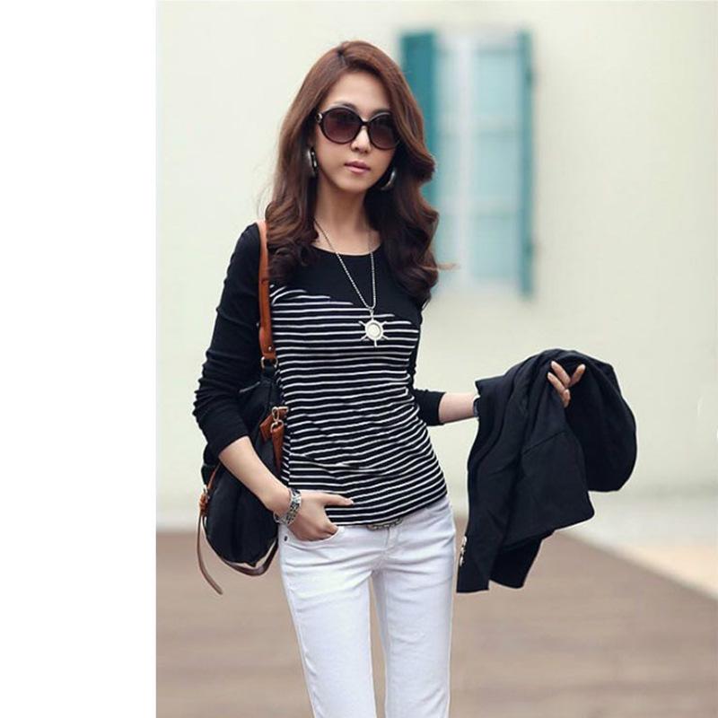 2019 Autumn/Winter Women's Slim Striped Long-Sleeve Round Neck T-Shirt