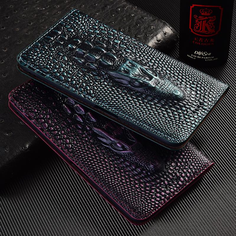 Genuine Leather Crocodile 3D Head Flip Case for iPhone 17 16 16E 15 14 13 12 11 8 X XS XR Pro Max Plus Card Slots Wallet Cover