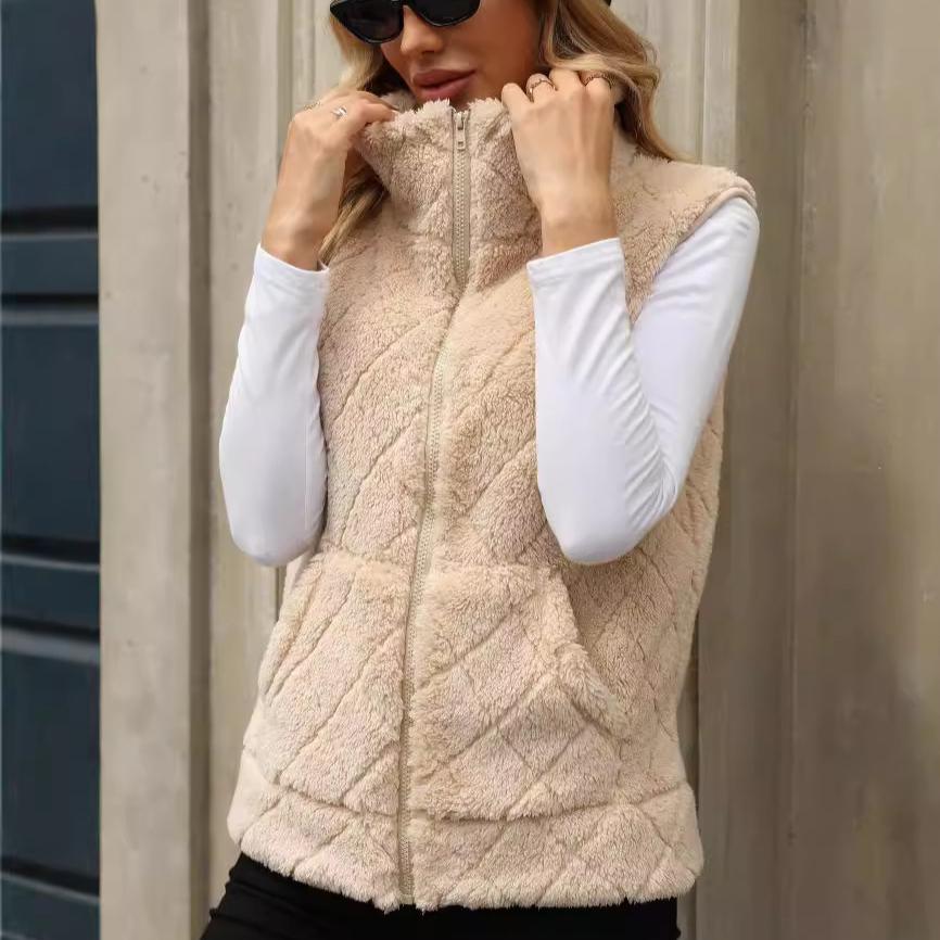 

Женский пушистый флисовый жилет, повседневный теплый жилет из шерпы на молнии с карманами для осени и зимы, безрукавка, уютный кардиган, верхняя одежда для женщин S абрикосовый