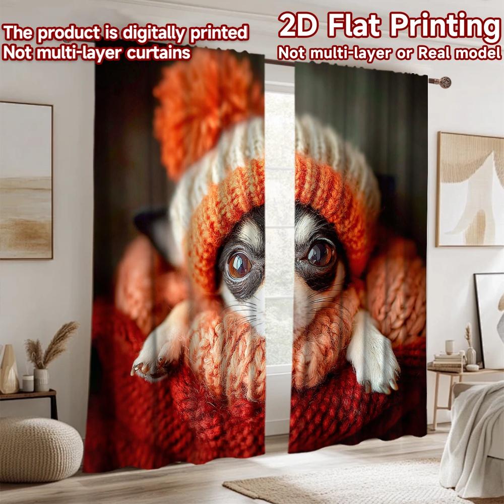 2D Flat Printing 2pcs Window Curtains Chihuahua Dogs Winter Warm Digital Printed Polyester Drapes Family Party Decoration Use