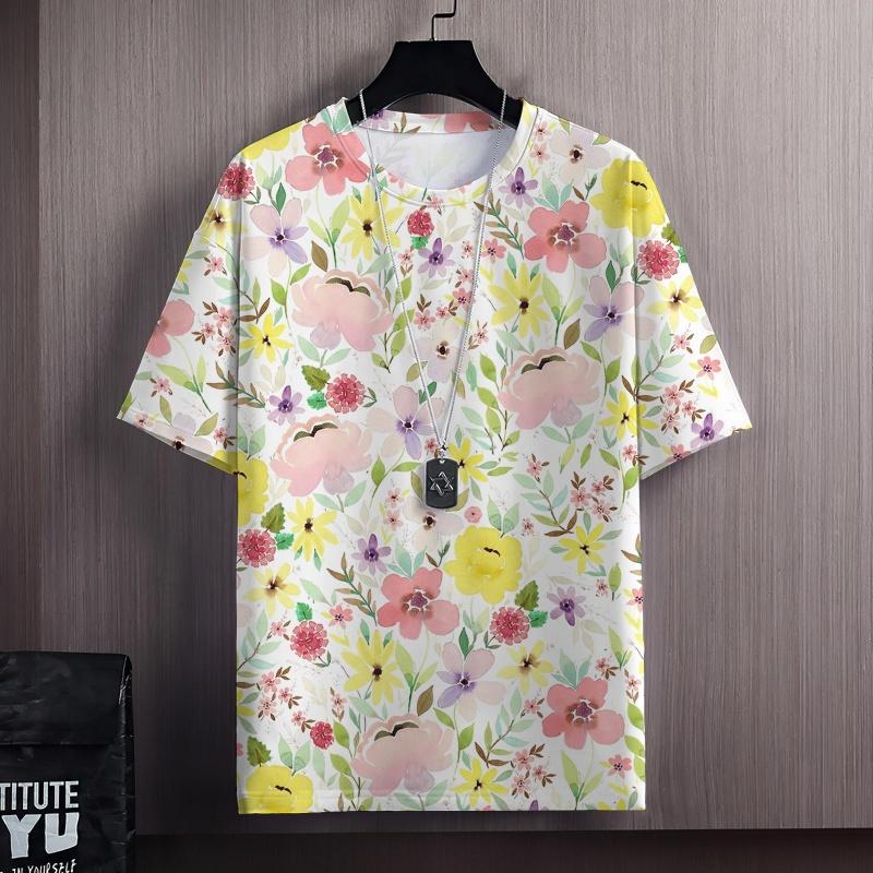 Colorful Flowers Clusters 3D Print T Shirt For Men Grass Plant Pattern Tees Summer Casual Short Sleeve Tops Round Neck T-Shirts