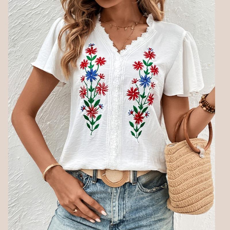 Letní Nová Vintage Halenka s Výstřihem do V Bílá Vyšívaná Dámská Módní Krátký Rukáv Elegantní Ležérní Blůza Dámská Slim Fit Jednobarevná Dámská Košile 24735