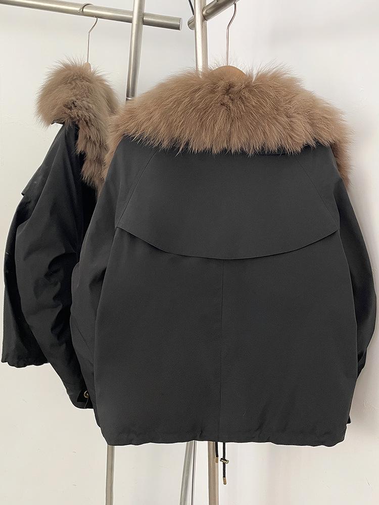 Women's White Duck Down Leather Coat with Fox Fur Collar and Lapel