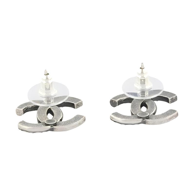 CHANEL Elegant Double C Shape Metal Earrings Women's Silver