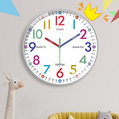 10 Inch Early Childhood Education Clock Colorful Round Wall Clock Kids' Room Decor Non Ticking Learning Clock Wall Decoration