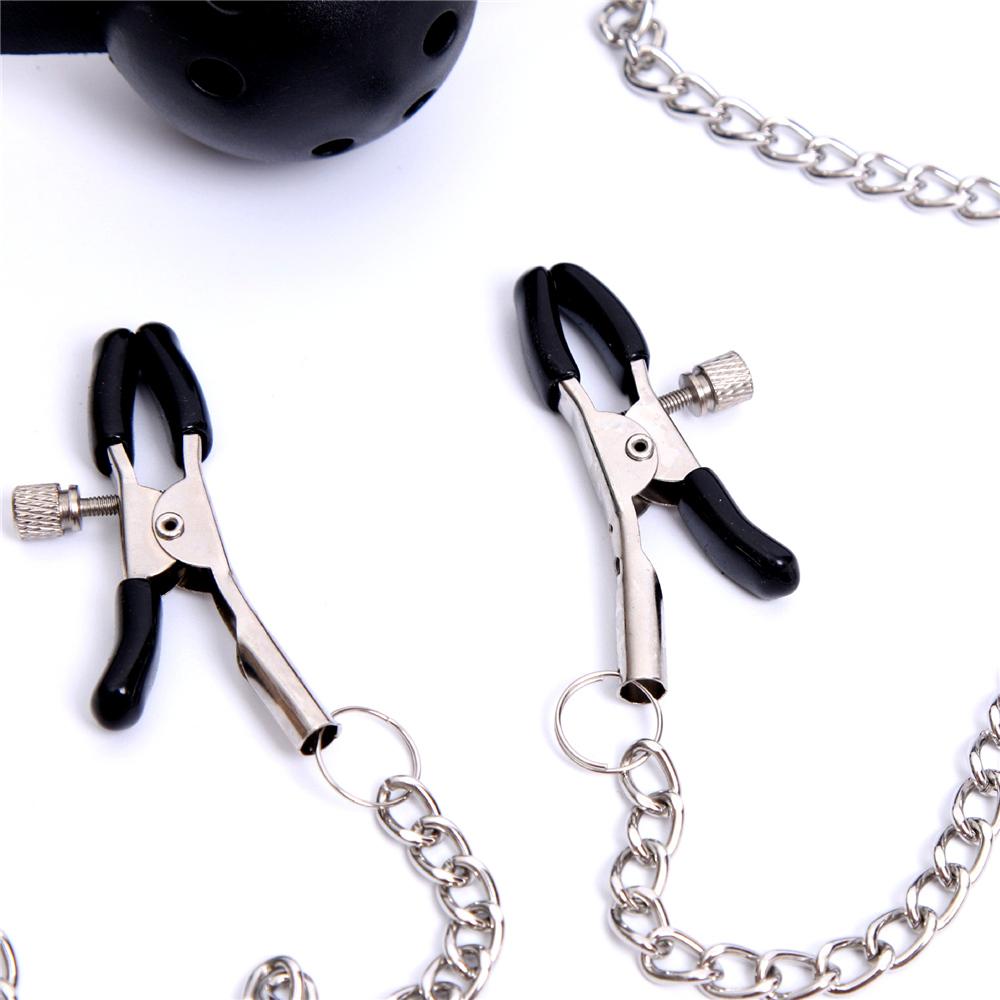 Erotic Toy PU Leather Mouth Gag Ball Oral Sex with Chain Clip Breast Nipple Clamps Fetish Bondage Harness Sex Toys Adult Games