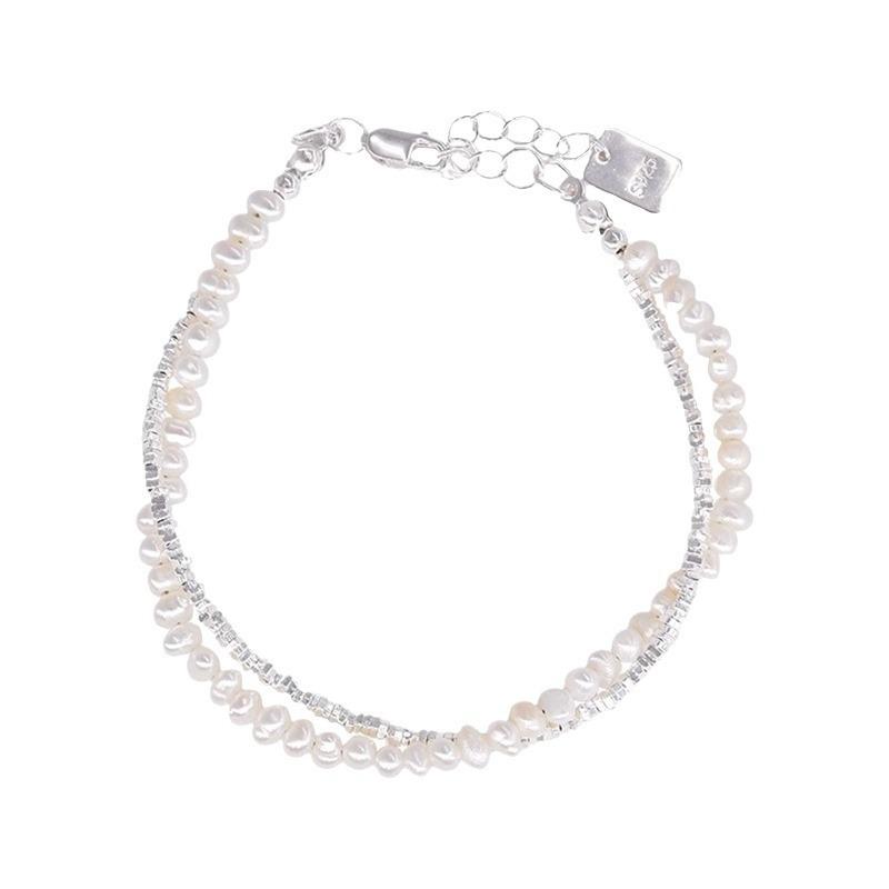 PANJBJ 925 Sterling Silver Double Layer Pearl Bracelet for Women Girl Design Bead Korean Sweet Jewelry Dropshipping