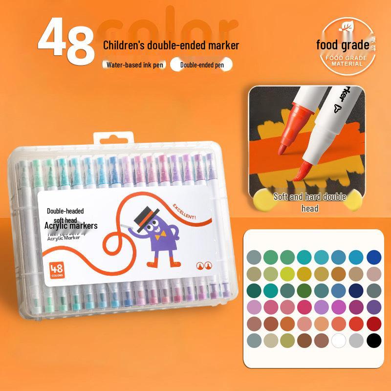 Dual-Tip Acrylic Marker & Paint Brush Set - 48 Colors, Soft Tip for Kids' Art, Opaque & Layerable