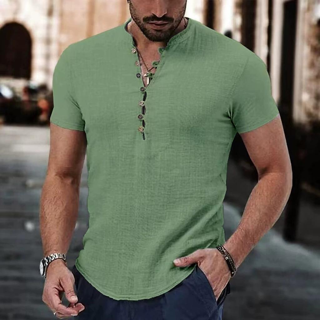 Homme Manches Courtes Été Coton Chanvre Coton Fin Décontracté Couleur Unie Lâche