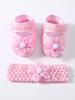 Baby Girls Lace Pearl Rhinestone Bow Crib Shoes & Matching Crochet Headband Set, Soft Dot Anti-Slip Magic Tape Mary Jane Princess Shoes