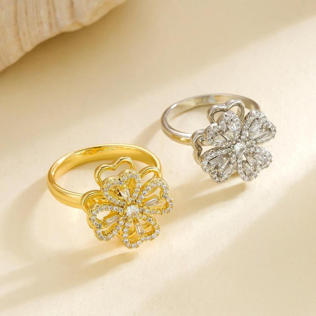 Elegant Women's Adjustable Clover Ring with Micro-set Zirconia - Fashionable, Versatile Accessory
