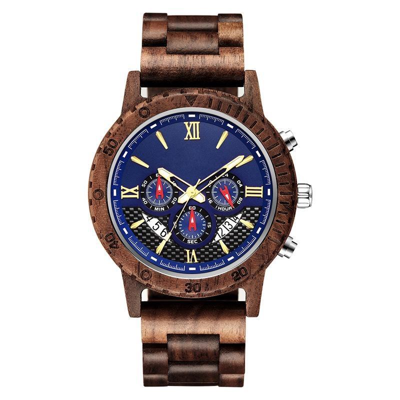 Men Natural Walnut Wood Watch Multifunctional Chronograph Quartz Wristwatch Roman Numeral Dial Sport Wooden Band Watch