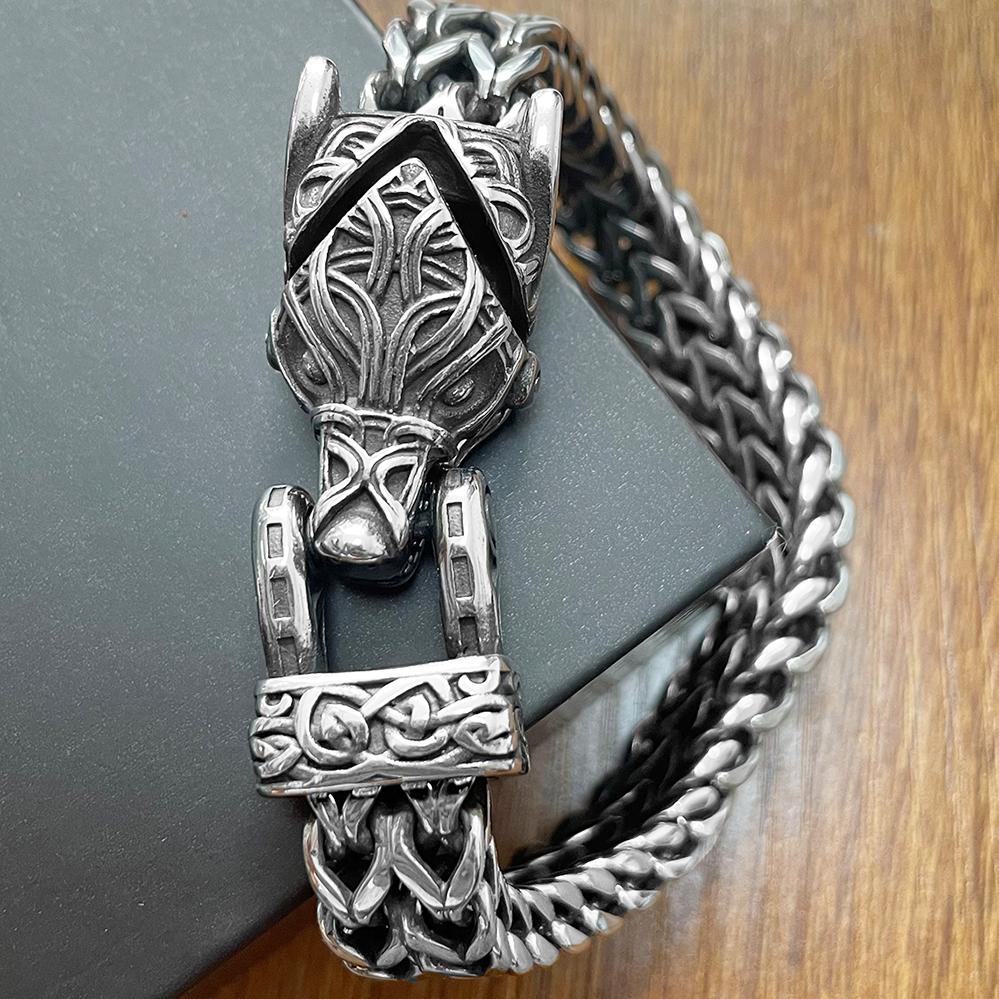 Bracciale Lupo Vichingo Norreno per Uomo Acciaio Inossidabile 12MM Maglia a Rete Bracciali da Uomo Bocca di Lupo Aperta Gioielli Nordici 21/23CM