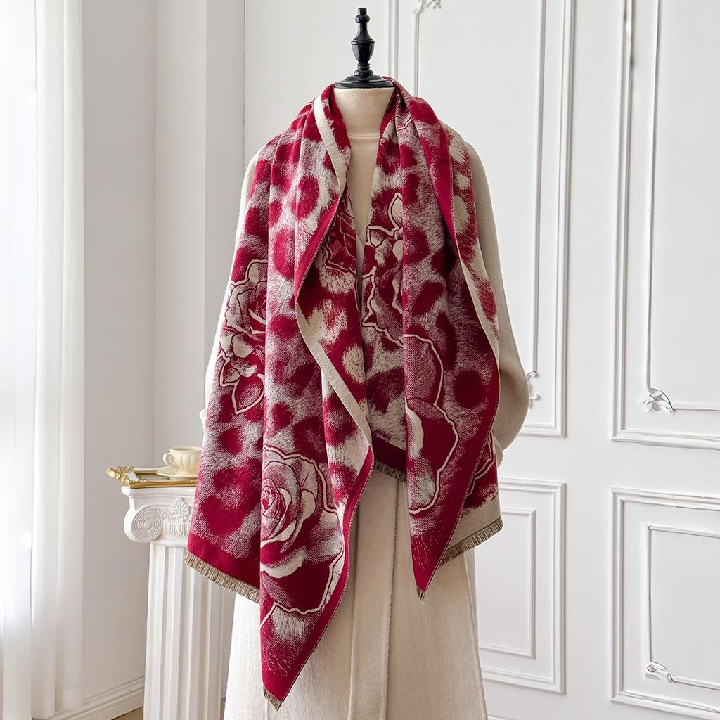 Eleganz Damen Rosen-Leopardenmuster Schals Winterwärmer Pashmina Beidseitige Damen-Schals Dicke Decke Wickeltuch Foulard Schal