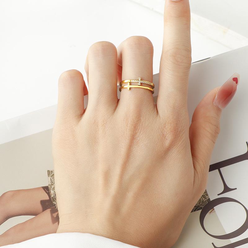 Double-Layer Cross Diamond Ring - Titanium Steel Minimalist Jewelry for Men and Women, Japan & South Korea Inspired