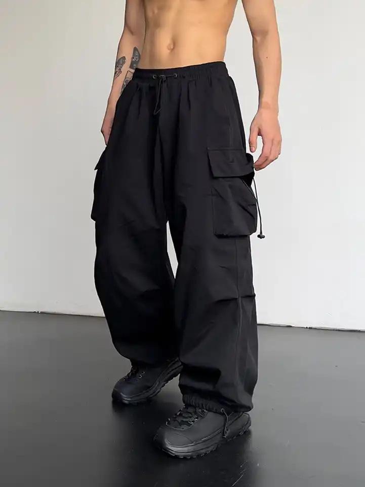 YK Harajuku Vintage Straight Pocket Pleated High Street Hip Hop Casual Parachute Pants Loose Tooling Wide Leg Trousers