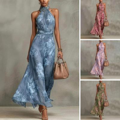 Yangyizhi Floral Chiffon Dress for Women, Halter Sleeveless Ruched Maxi Dress, Turtle Neck Wedding Guest Cocktail Evening