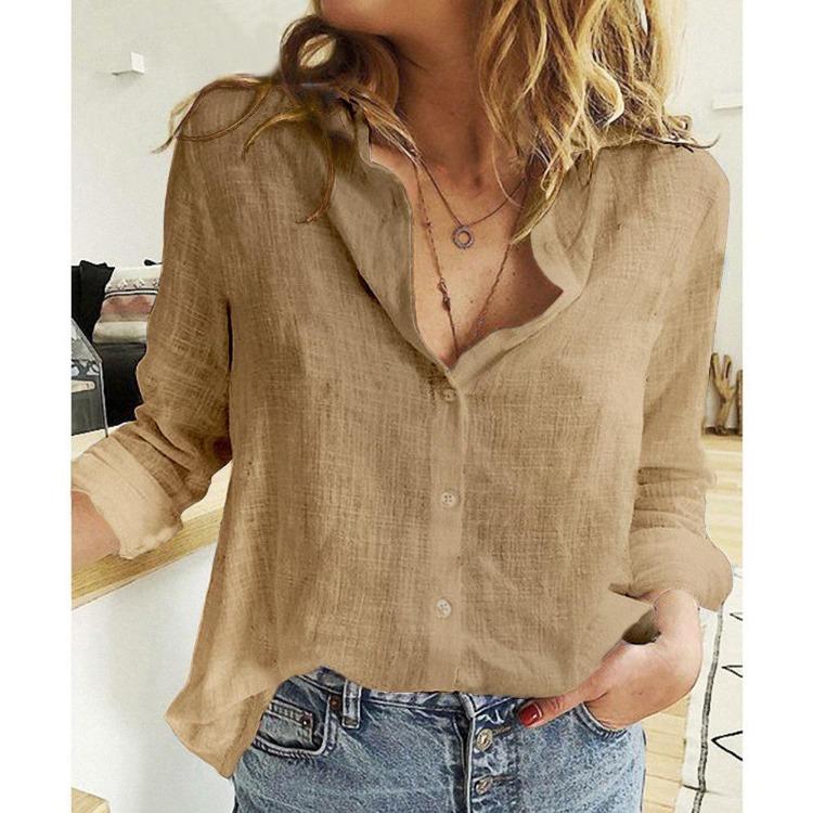 Lapel Neck Top Casual Blouse Fashion Women Large Size Spring Autumn Cardigan Solid Pattern Cotton Linen Shirt