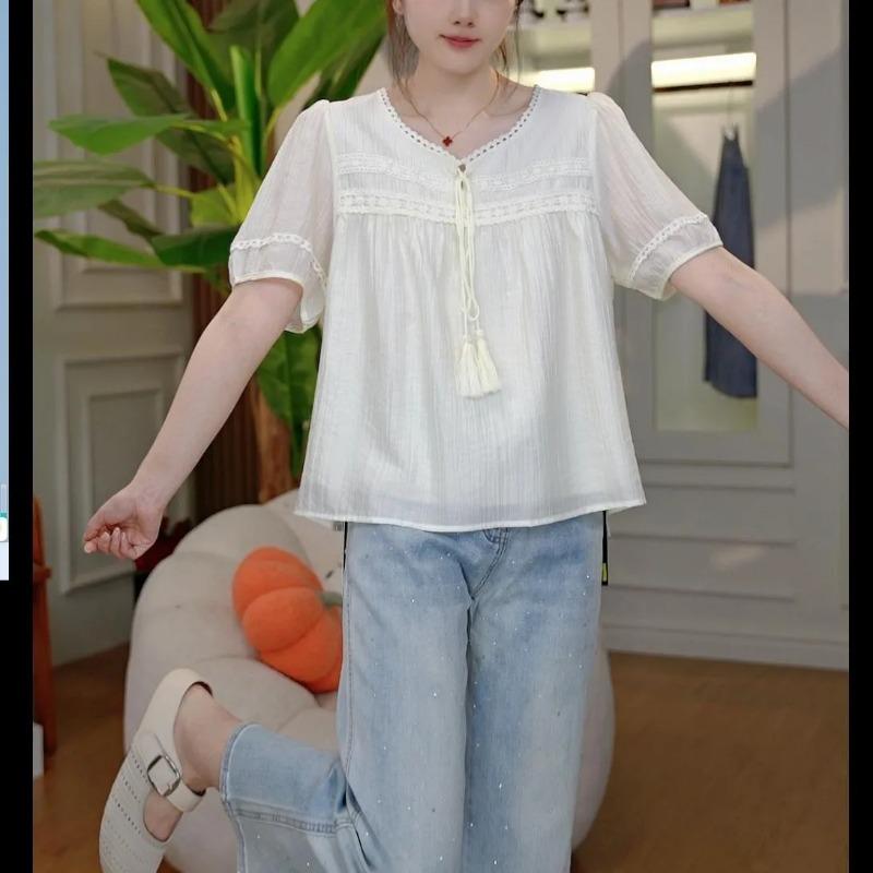 

Women s Lace Trim Blouse V-Neck with Tassel Tie Puff Sleeves S абрикосовий