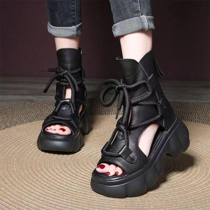Fashion 2024 New High Quality Women Sandals Handmade Retro Wedges Heel Sandals Ladies Summer Back Zipper Platform Roman Cool Boots