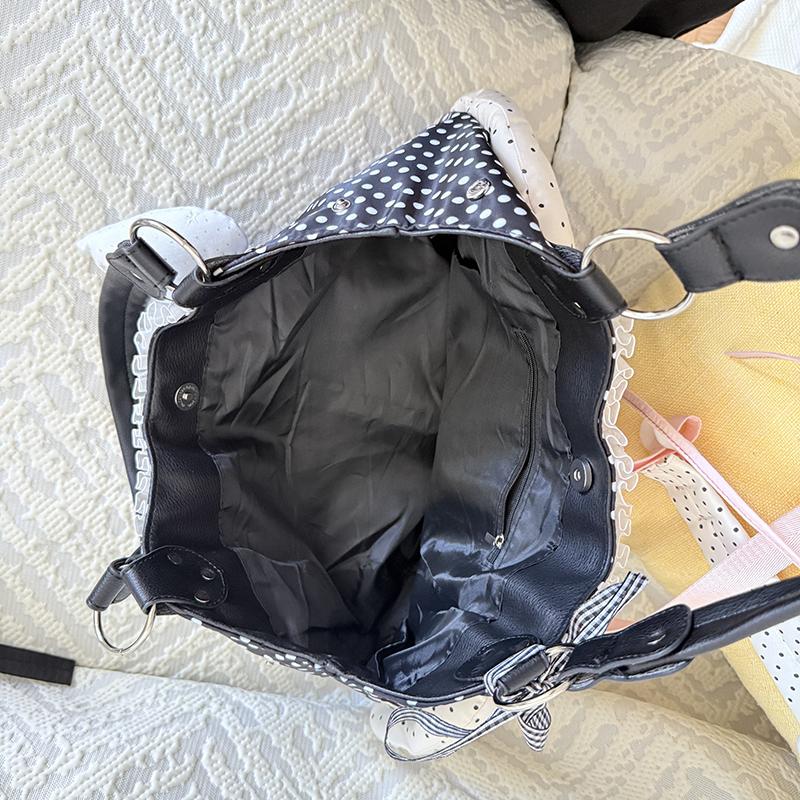 Y2k Hot Girl Angel Wing Tote Bag Bow Lace Trim Pearl Decoration Retro Korean Polka Dot Nylon Shoulder Bag Large Lightweight
