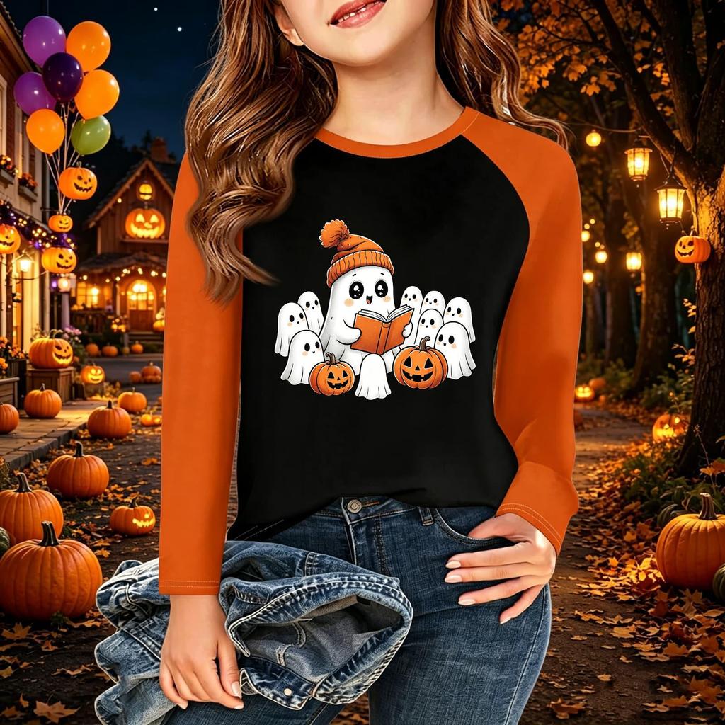 Kids Halloween Print Long Sleeve T-Shirt Casual Round Neck Top for Boys Girls