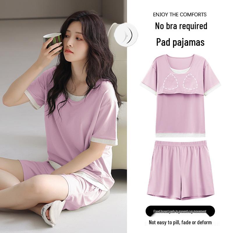 Women s Cooling Two-Piece Pajama Set with Chest Pads - Lightweight Modal Short-Sleeve Size L