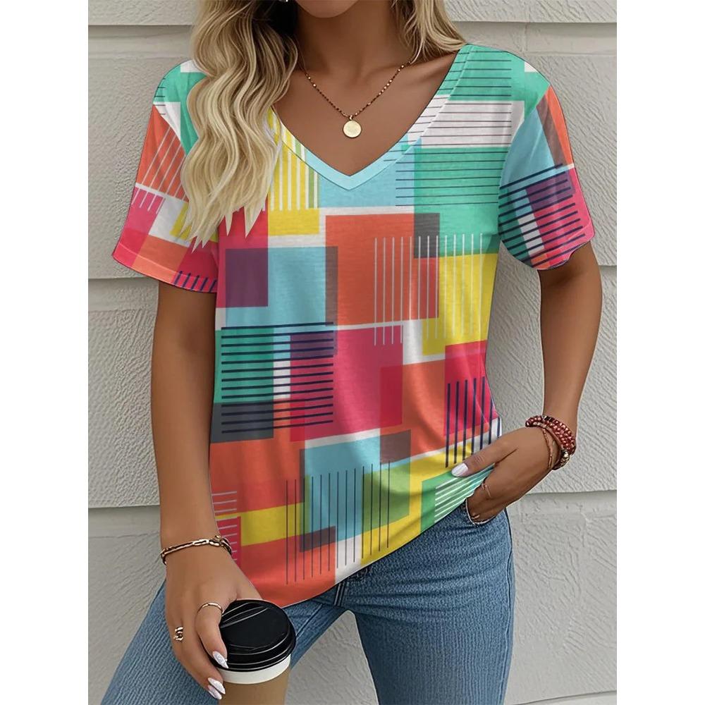 Summer plaid women's V-neck T-shirt outdoor casual short-sleeved top