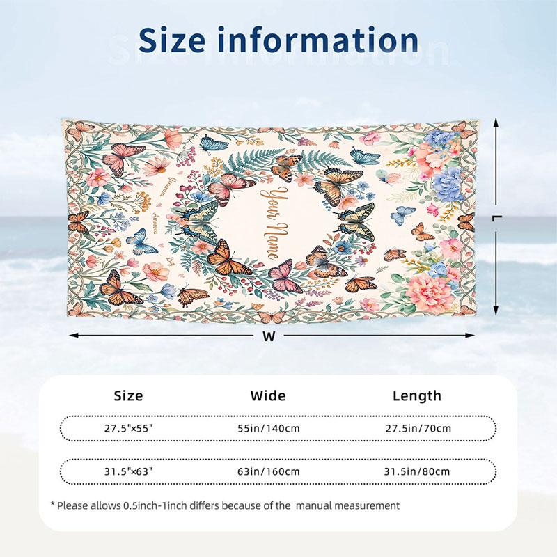 Butterfly Theme Beach Towel Personalized Custom Name & Text Soft Quick Dry Beach Towel for Swimming Travel