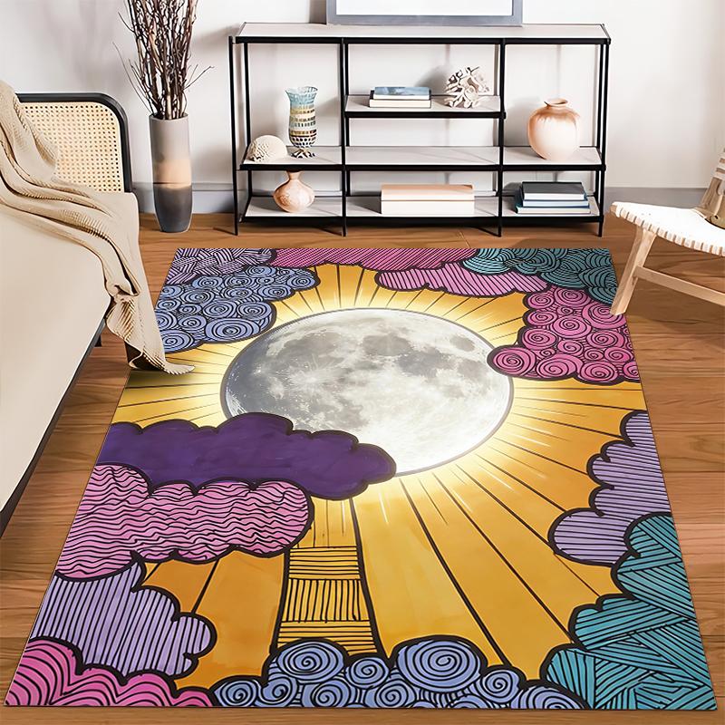 Colorful Moon Design Carpet with Vibrant Clouds and Sun Rays Pattern Suitable for Use As an Anti-slip for Living Room Bedroom Sofas