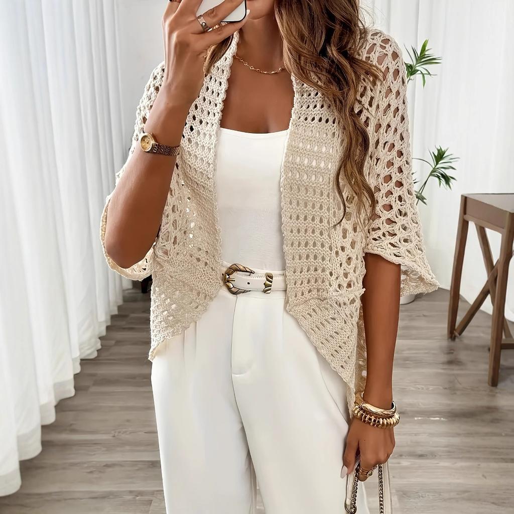 Cardigan casual da donna a maniche corte, lavorazione a maglia traforata, aperto sul davanti