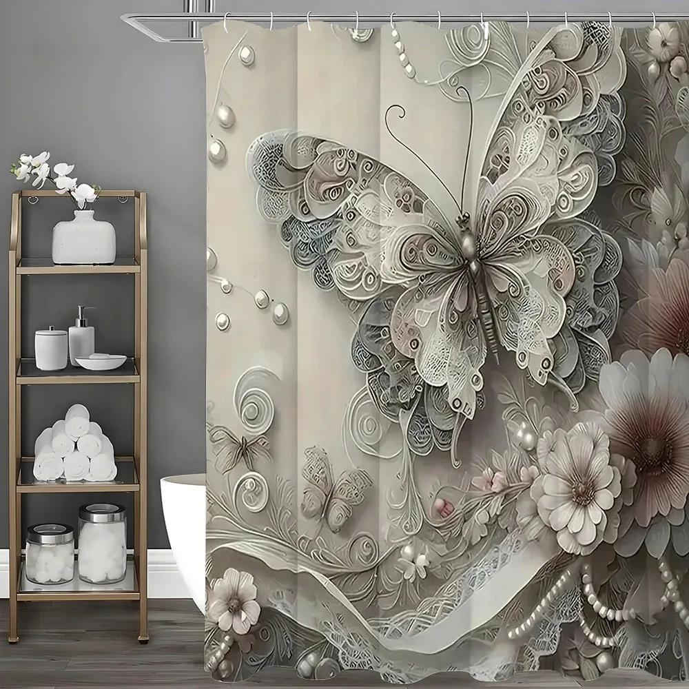 Cortina de Ducha Decorativa con Mariposas y Flores de Arte en Relieve Superficial, Cortina de Ducha Decorativa para Baño, Cortina de Ducha Impermeable con Ganchos