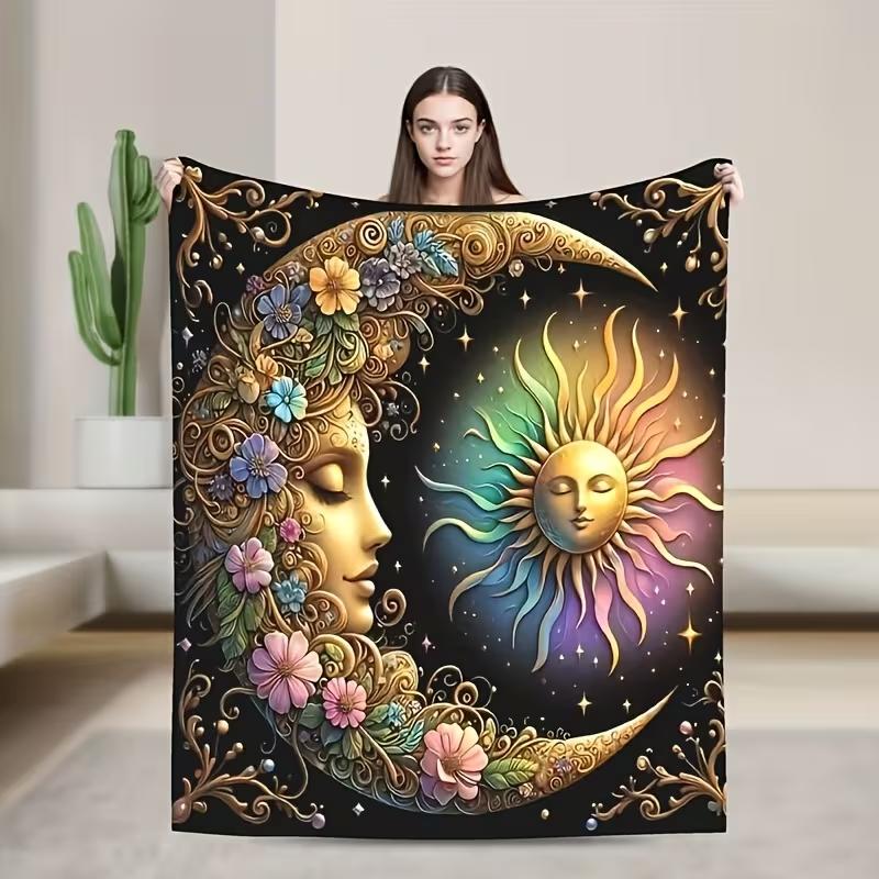 Bohemian Sun and Moon Flannel Throw Blanket Dreamy Starry Harmony Floral All-Season Bed Travel or Office Sofa Throw Blanket 75X95CM