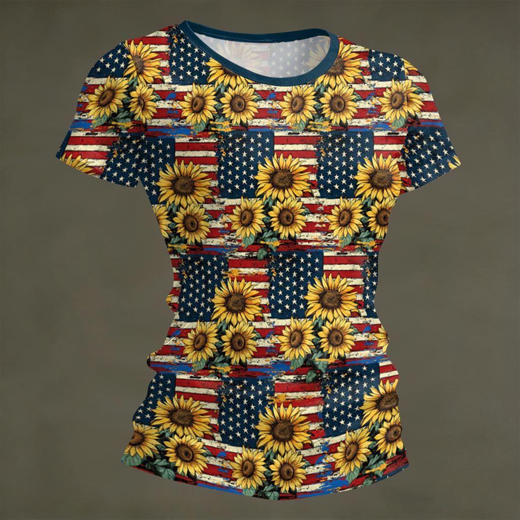 Women's Fashion Round Neck Independence Day Print Short Sleeve Loose Crewneck T-Shirt Top