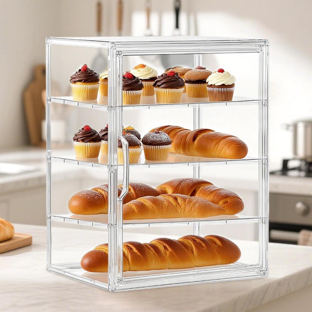Transparente Bäckerei Lebensmittel Auslagevitrine 4-stöckige Dessert Auslagevitrine Brotkasten Acryl Aufbewahrungsorganizer Halter für Gebäck Teig Muffin
