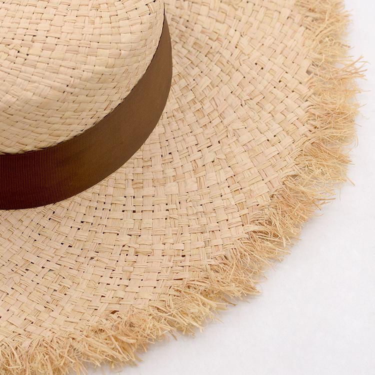 Summer new raffia rough edge flat top big brim straw hat multi-color webbing raffia flat top hat beach hat