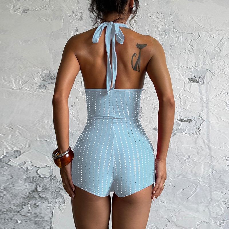 Women Sexy Rhinestone Deep V Backless Sleeveless High Waist Straight Cropped Jumpsuit