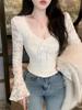 Women's Sexy V-Neck Fleece-Lined Lace Layering Top - Stylish Long-Sleeved Innerwear for Autumn/Winter