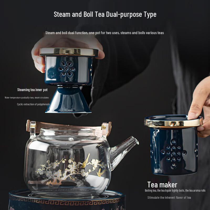 Cha Xun Joyful Plum Blossom Ruyi Handle Glass Teapot