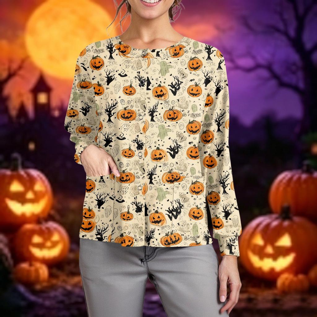 Women Long Sleeve Button Front Cardigan Halloween Print Lightweight Casual Workwear Cover Up Shirt for Caregivers and Daily Wear