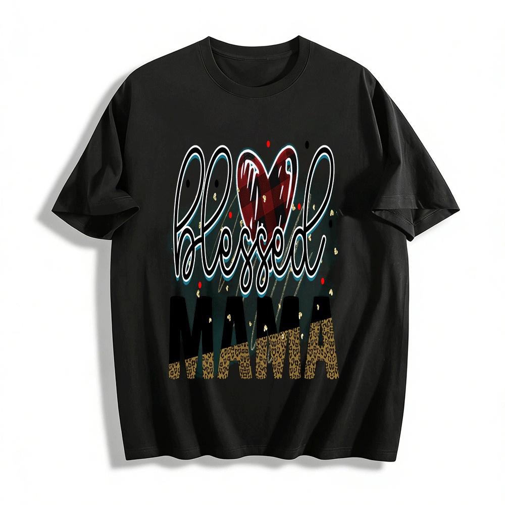 Blessed Mama Leopard Print Love Heart Graphic Casual T-Shirt Pure cotton T-shirt XXS
