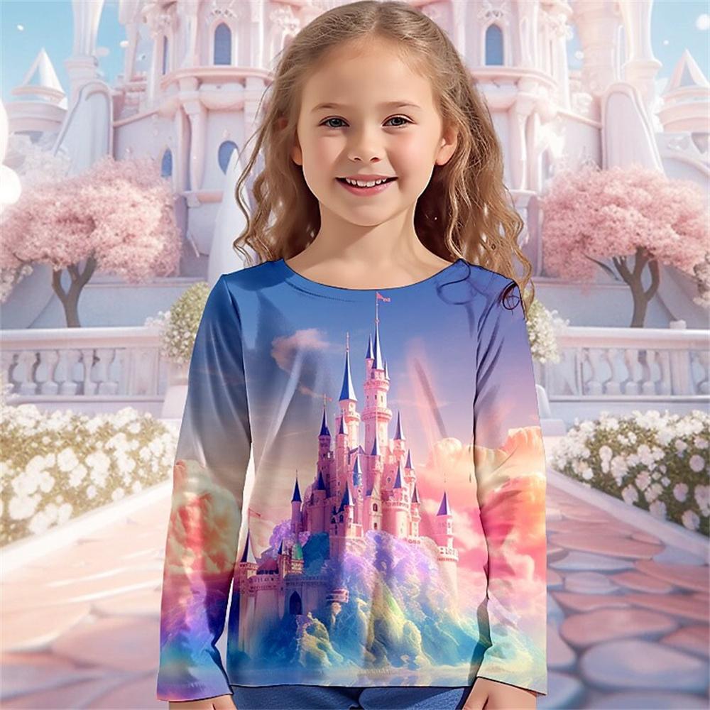 

Spring and Autumn Round Neck Castle Dream Elves Pattern 3D Printed Top Fashionable Casual Long Sleeved Children s Girl T-shirts 160