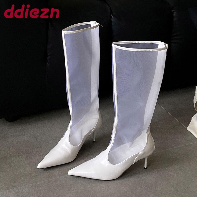 Fashion Footwear Knee High Boots With Thin Heels Shoes For Ladies Fashion Mesh Breathable Female Pointed Toe Women Long Boots Shoes