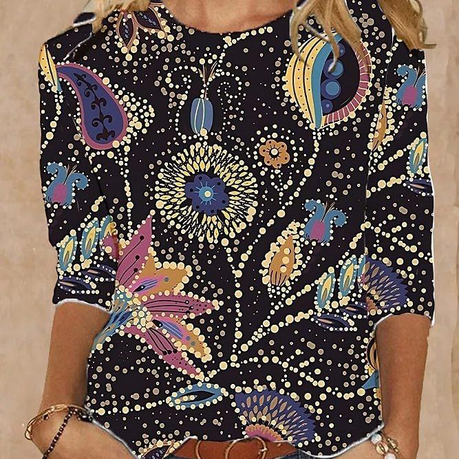 Spring and Autumn Round Neck 3D Floral Paisley Printed T-shirts Fashionable Casual Long Sleeved Women's T-shirts