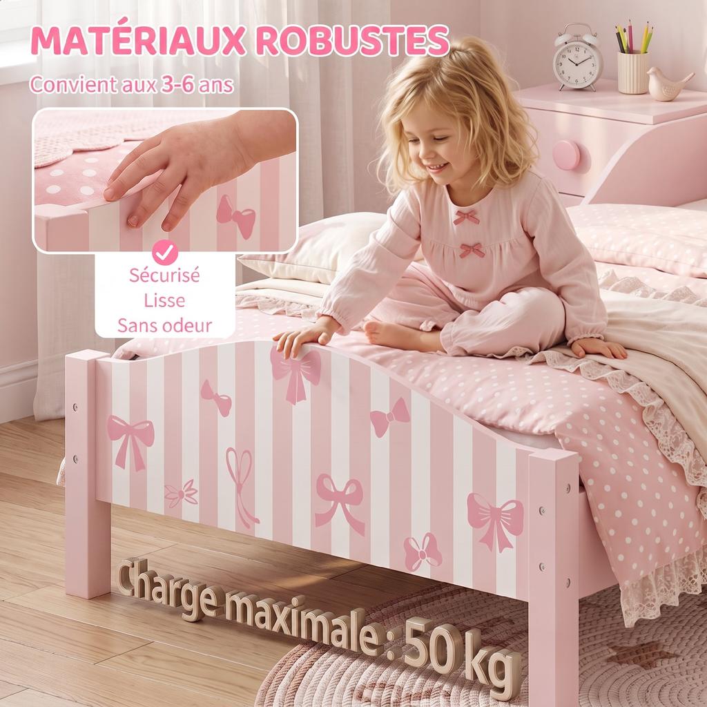 Children's Bed, 70 x 140 cm, Safety Rail, Bow Pattern, Pink